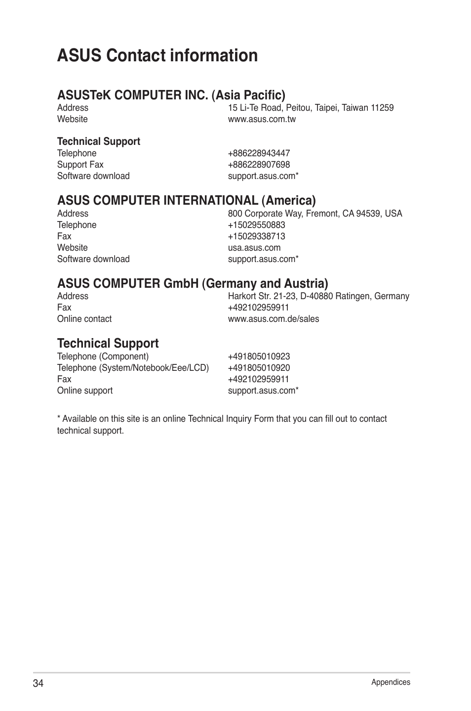 Asus contact information, Asustek computer inc. (asia pacific), Asus computer international (america) | Asus computer gmbh (germany and austria), Technical support | Asus USB-BT211 User Manual | Page 39 / 40