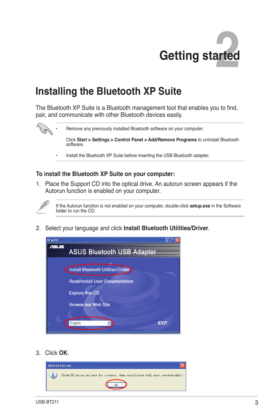 Chapter 2: getting started, Installing the bluetooth xp suite, Getting started | Asus USB-BT211 User Manual | Page 8 / 40