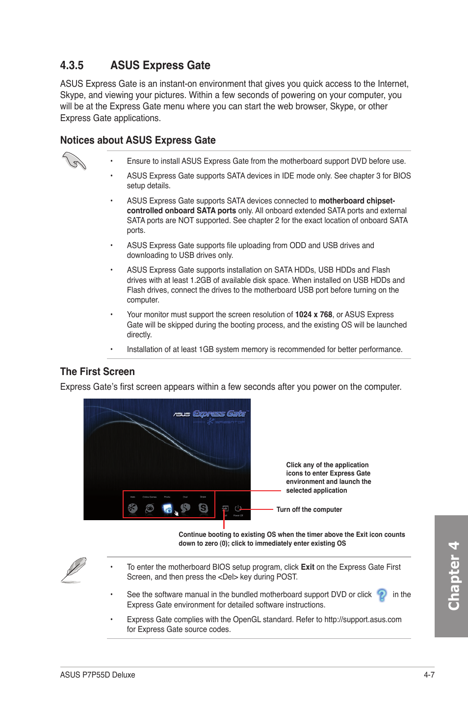 5 asus express gate, Asus express gate -7, Chapter 4 | Notices about asus express gate, The first screen | Asus P7P55D Deluxe User Manual | Page 109 / 134