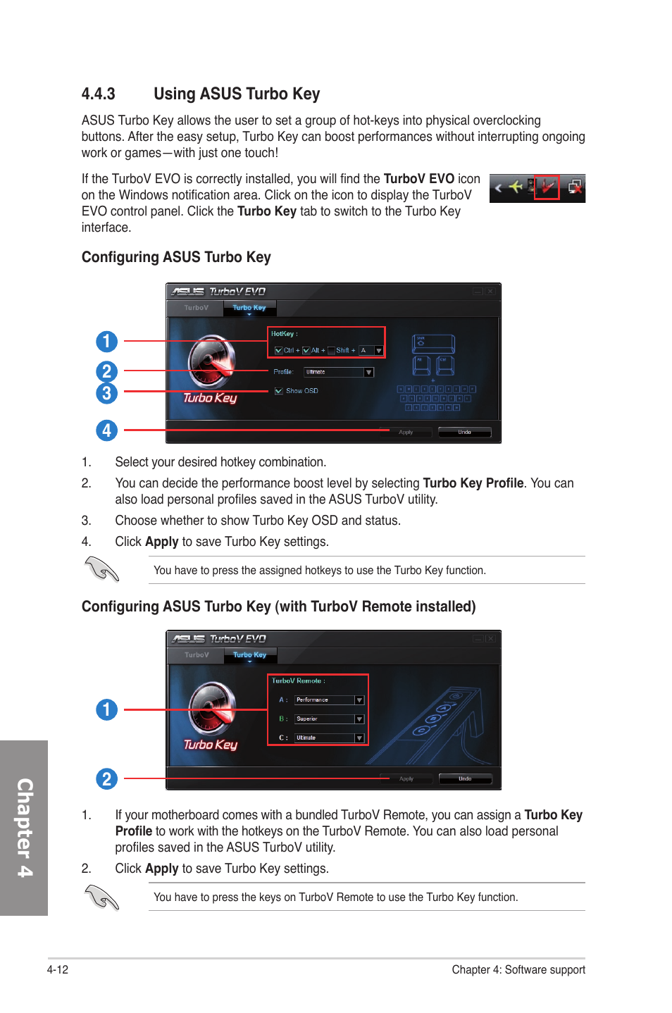 3 using asus turbo key, Using asus turbo key -12, Chapter 4 | Asus P7P55D Deluxe User Manual | Page 114 / 134