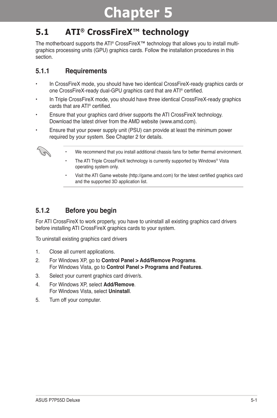 Chapter 5: multiple gpu technology support, 1 ati® crossfirex™ technology, 1 requirements | 2 before you begin, Chapter 5, Multiple gpu technology support, Crossfirex™ technology -1, Requirements -1, Before you begin -1, 1 ati | Asus P7P55D Deluxe User Manual | Page 125 / 134