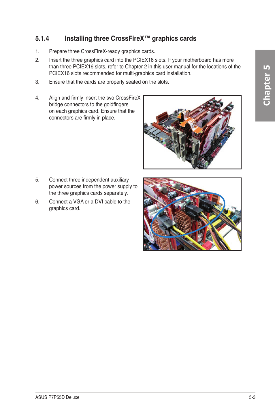 4 installing three crossfirex™ graphics cards, Installing three crossfirex™ graphics cards -3, Chapter 5 | Asus P7P55D Deluxe User Manual | Page 127 / 134