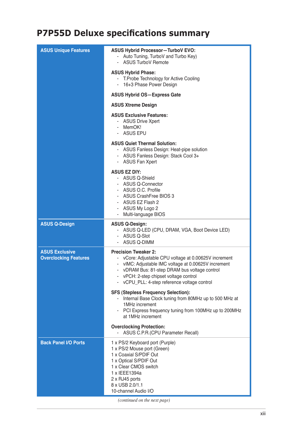 P7p55d deluxe specifications summary | Asus P7P55D Deluxe User Manual | Page 13 / 134