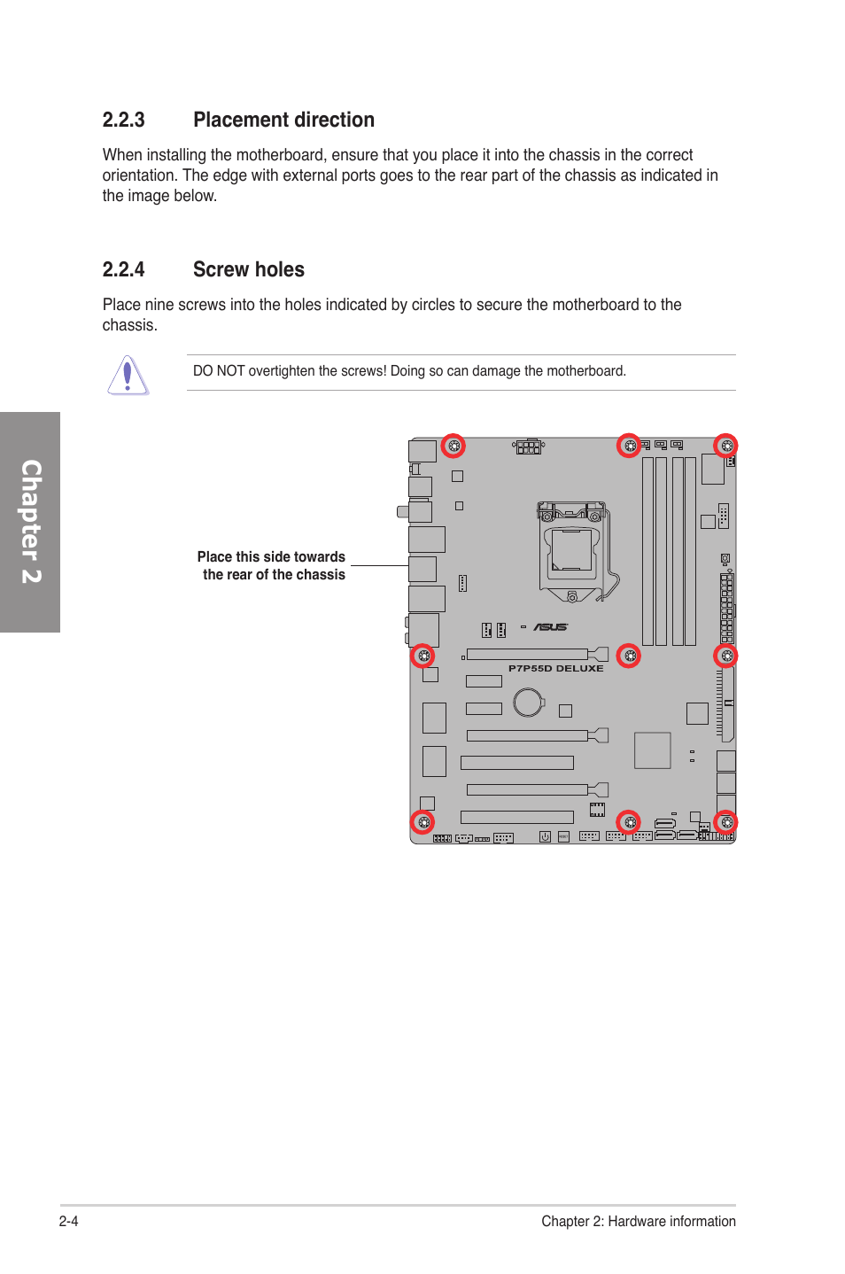 3 placement direction, 4 screw holes, Placement direction -4 | Screw holes -4, Chapter 2 | Asus P7P55D Deluxe User Manual | Page 24 / 134