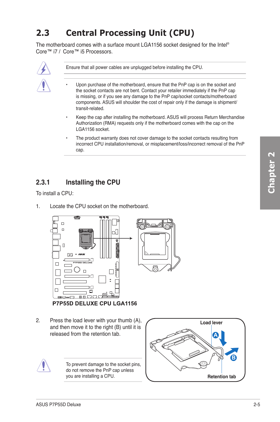 3 central processing unit (cpu), 1 installing the cpu, Central processing unit (cpu) -5 2.3.1 | Installing the cpu -5, Chapter 2 2.3 central processing unit (cpu) | Asus P7P55D Deluxe User Manual | Page 25 / 134