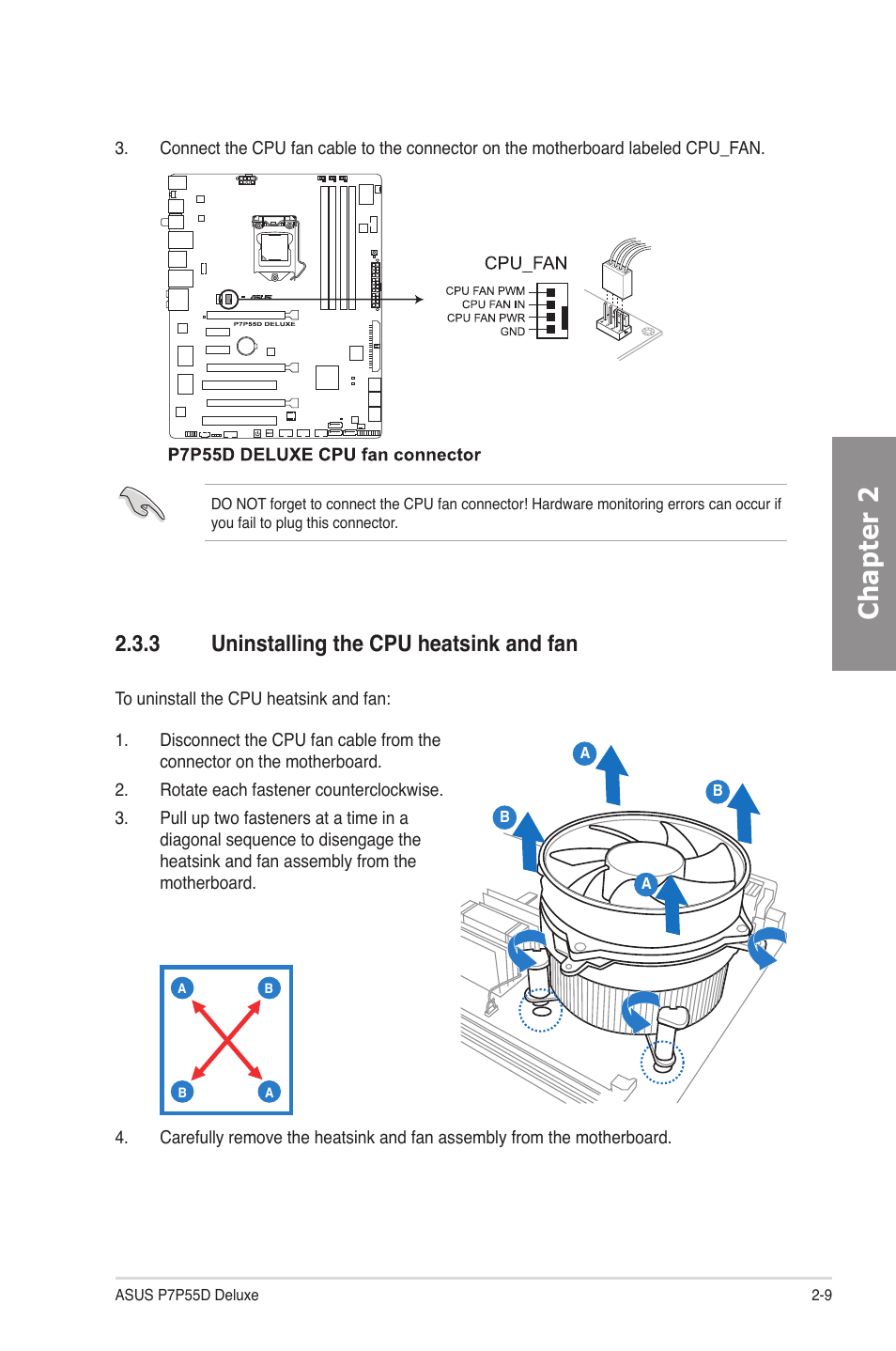 3 uninstalling the cpu heatsink and fan, Uninstalling the cpu heatsink and fan -9, Chapter 2 | Asus P7P55D Deluxe User Manual | Page 29 / 134