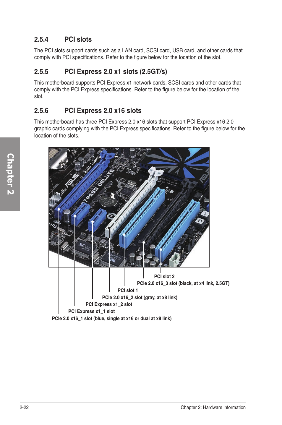 4 pci slots, 5 pci express 2.0 x1 slots (2.5gt/s), 6 pci express 2.0 x16 slots | Pci slots -22, Pci express 2.0 x1 slots (2.5gt/s) -22, Pci express 2.0 x16 slots -22, Chapter 2 | Asus P7P55D Deluxe User Manual | Page 42 / 134