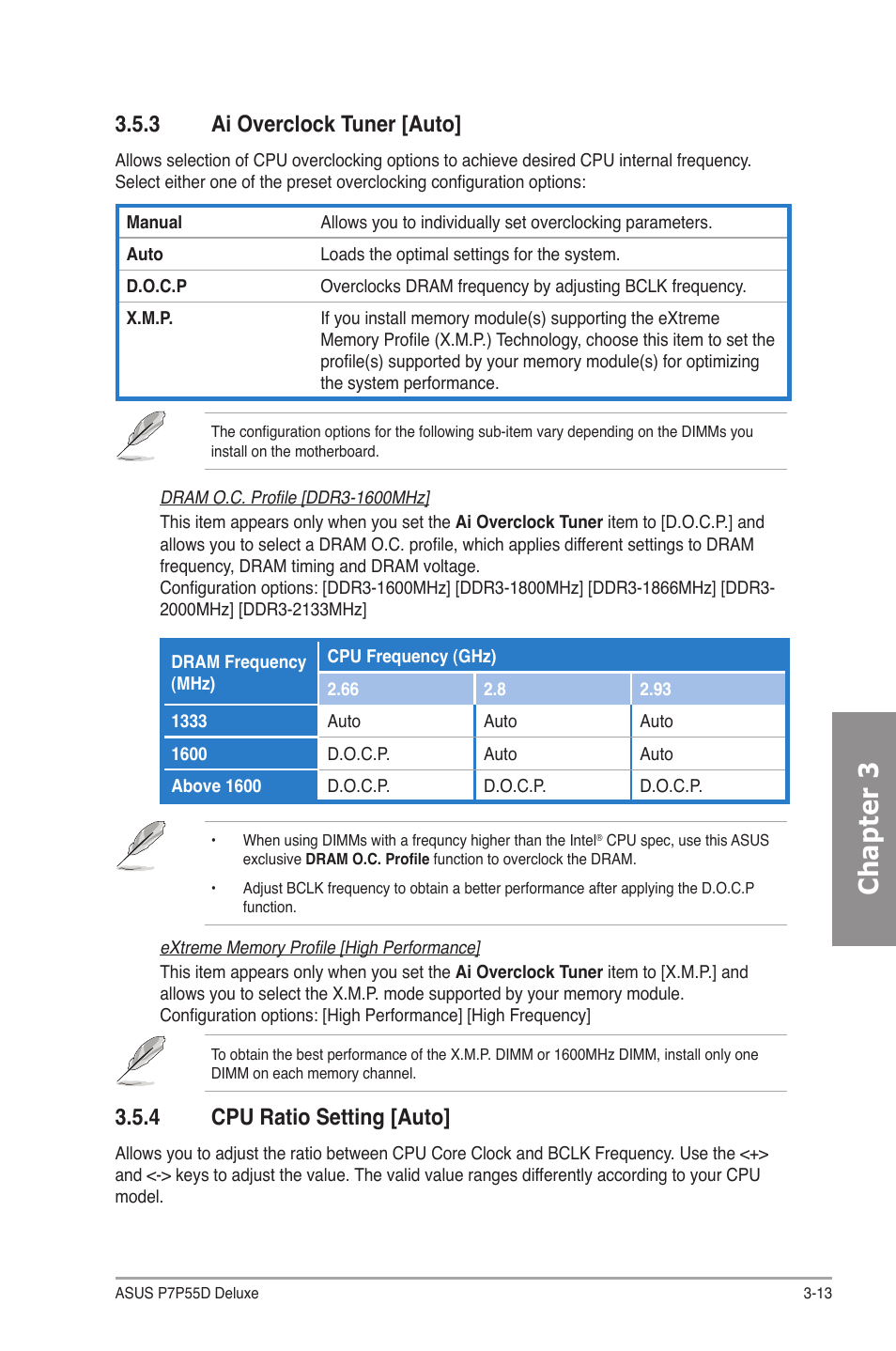 3 ai overclock tuner [auto, 4 cpu ratio setting [auto, Ai overclock tuner -13 | Cpu ratio setting -13, Chapter 3 | Asus P7P55D Deluxe User Manual | Page 77 / 134