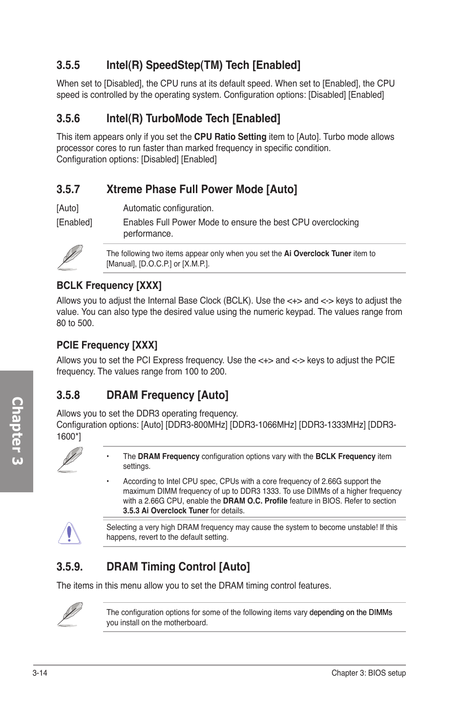 5 intel(r) speedstep(tm) tech [enabled, 6 intel(r) turbomode tech [enabled, 7 xtreme phase full power mode [auto | 8 dram frequency [auto, Dram timing control [auto, Intel(r) speedstep(tm) tech -14, Intel(r) turbomode tech -14, Xtreme phase full power mode -14, Dram frequency -14, Dram timing control -14 | Asus P7P55D Deluxe User Manual | Page 78 / 134