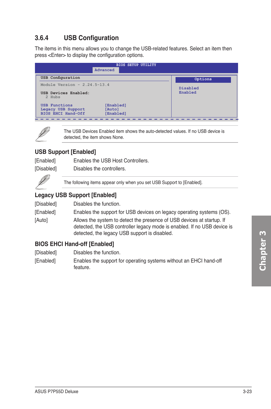 4 usb configuration, Usb configuration -23, Chapter 3 | Usb support [enabled, Legacy usb support [enabled, Bios ehci hand-off [enabled | Asus P7P55D Deluxe User Manual | Page 87 / 134