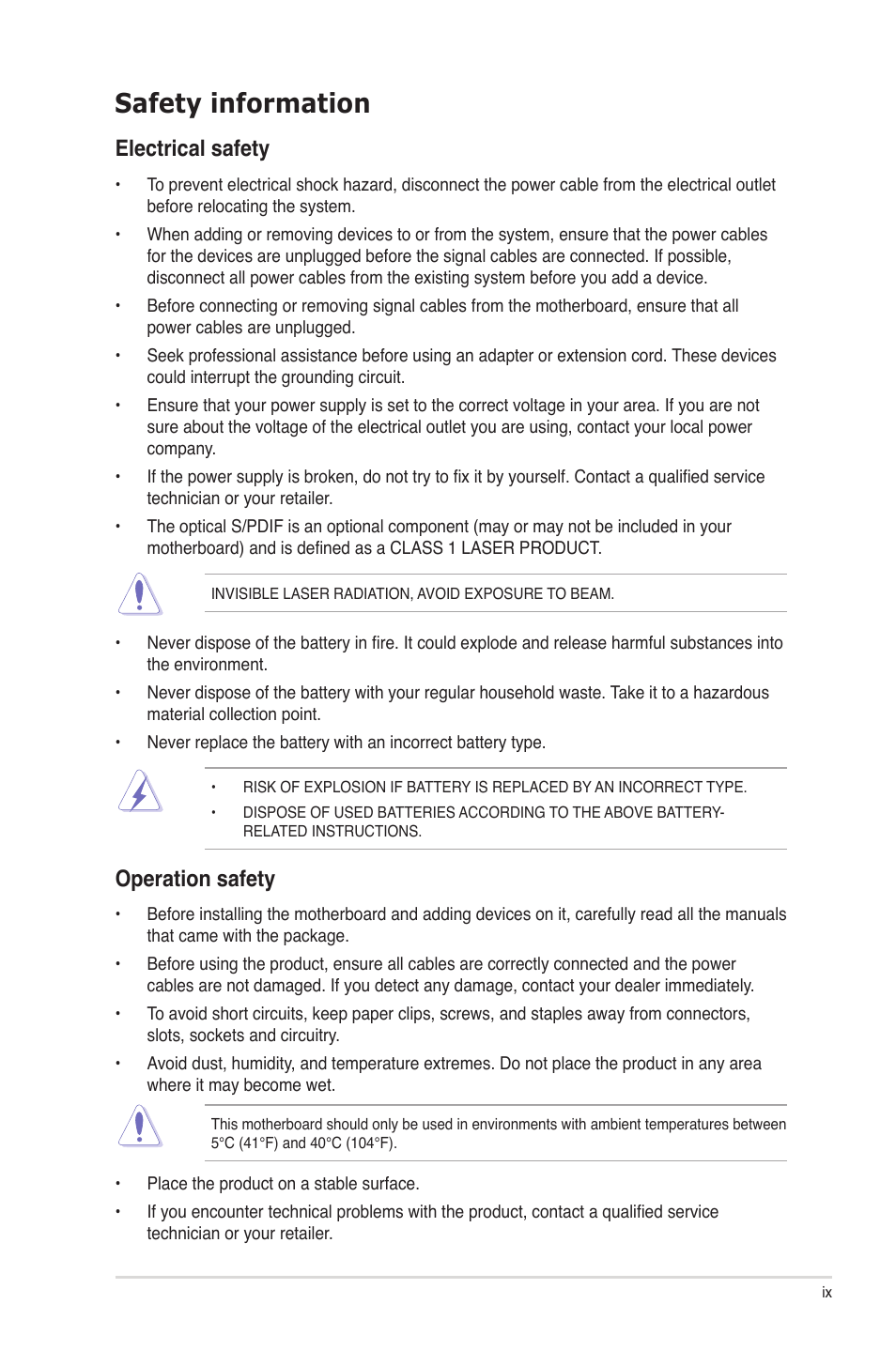 Safety information, Electrical safety, Operation safety | Asus P7P55D Deluxe User Manual | Page 9 / 134