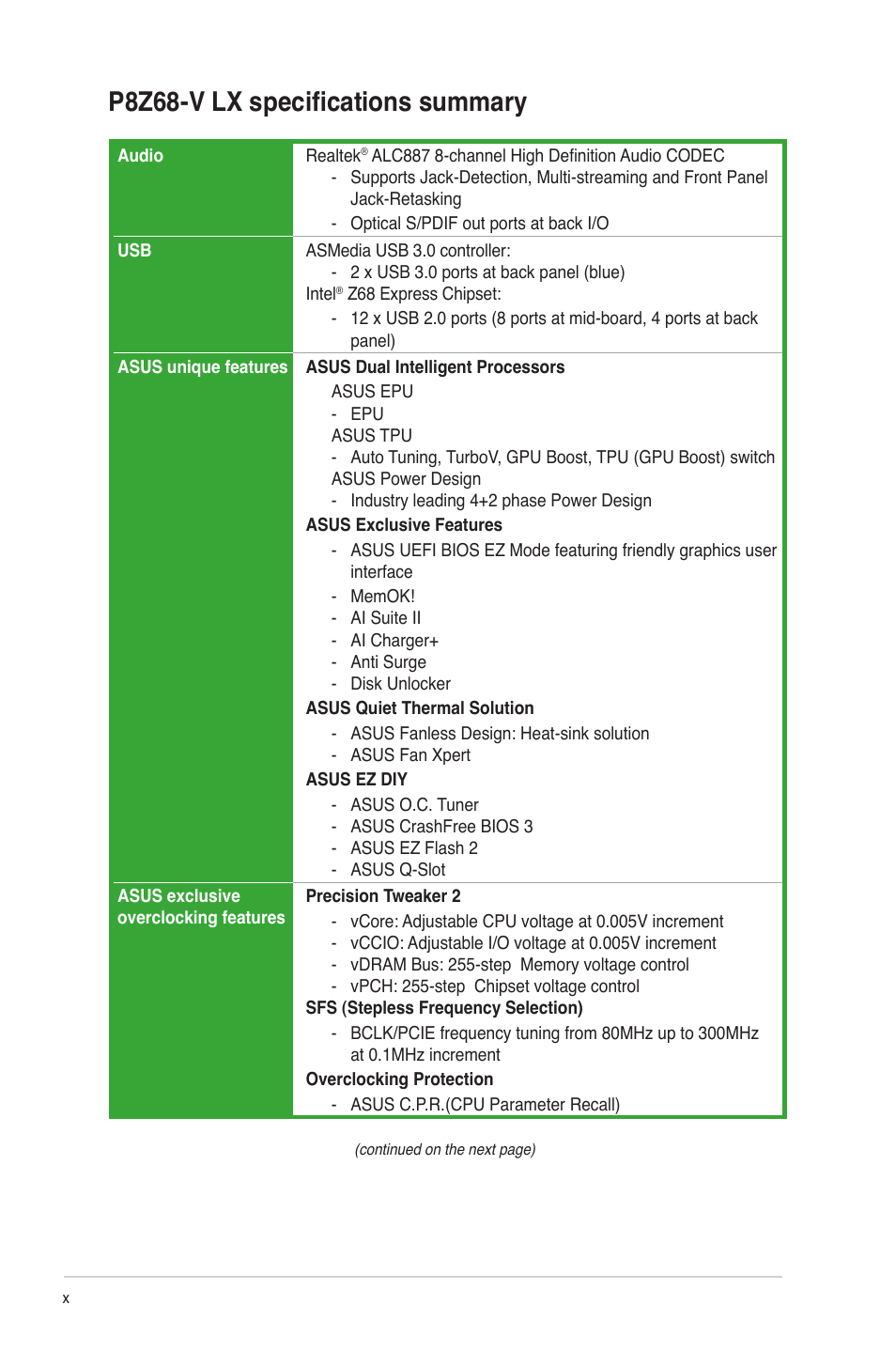 P8z68-v lx specifications summary | Asus P8Z68-V LX User Manual | Page 10 / 82