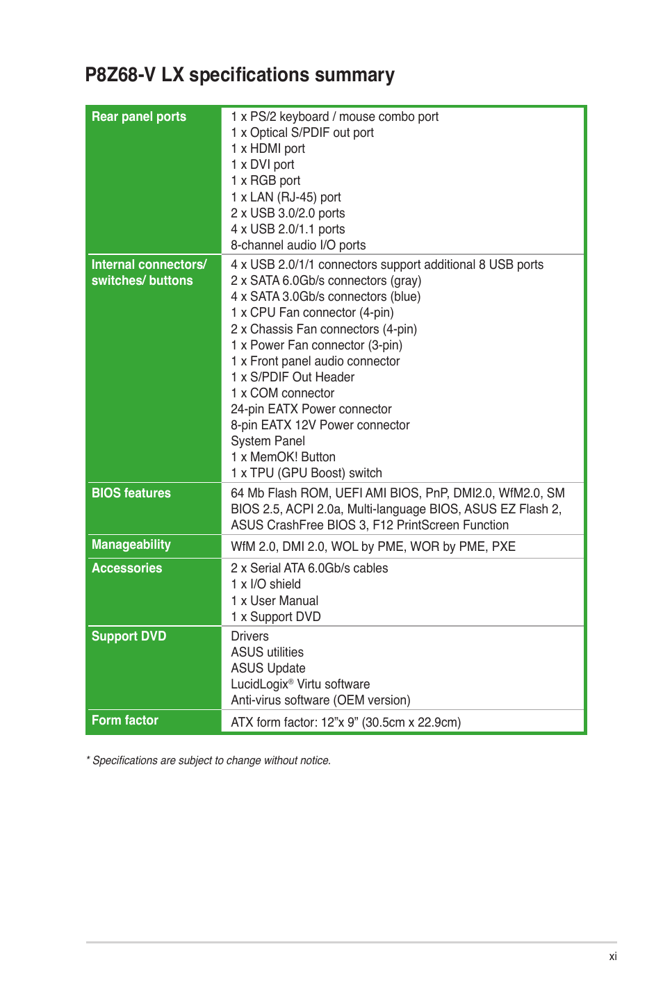 P8z68-v lx specifications summary | Asus P8Z68-V LX User Manual | Page 11 / 82