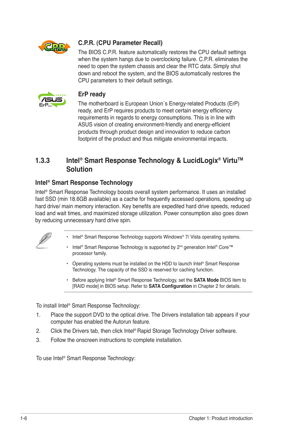 Intel, Smart response technology & lucidlogix, Virtu | Solution -6, 3 intel, Solution, C.p.r. (cpu parameter recall), Erp ready, Smart response technology | Asus P8Z68-V LX User Manual | Page 18 / 82