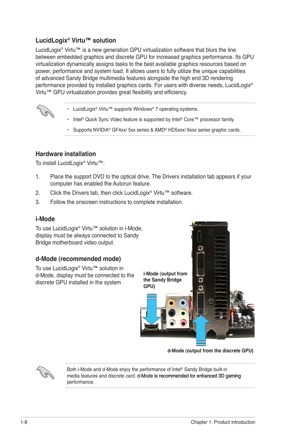 Lucidlogix, Virtu™ solution, Hardware installation | I-mode, D-mode (recommended mode) | Asus P8Z68-V LX User Manual | Page 20 / 82