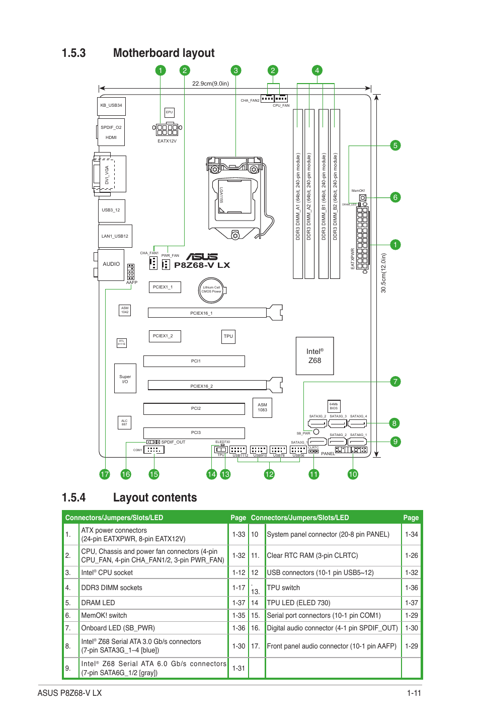 3 motherboard layout, 4 layout contents, Motherboard layout -11 | Layout contents -11, 3 motherboard layout 1.5.4 layout contents, P8z68-v lx | Asus P8Z68-V LX User Manual | Page 23 / 82