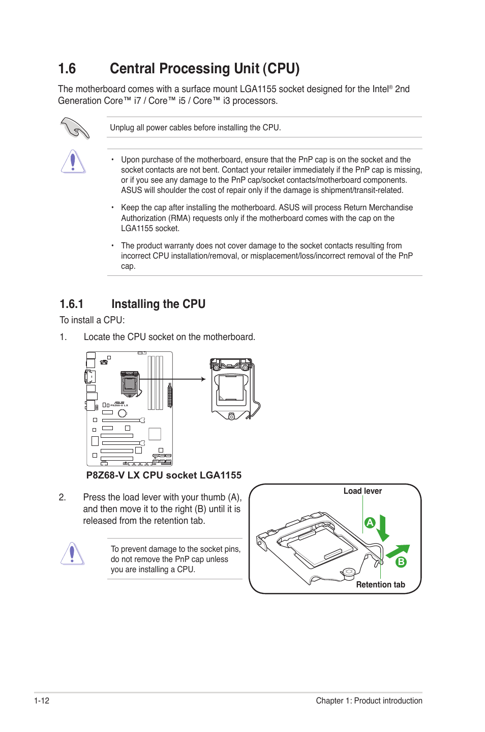 6 central processing unit (cpu), 1 installing the cpu, Central processing unit (cpu) -12 1.6.1 | Installing the cpu -12 | Asus P8Z68-V LX User Manual | Page 24 / 82