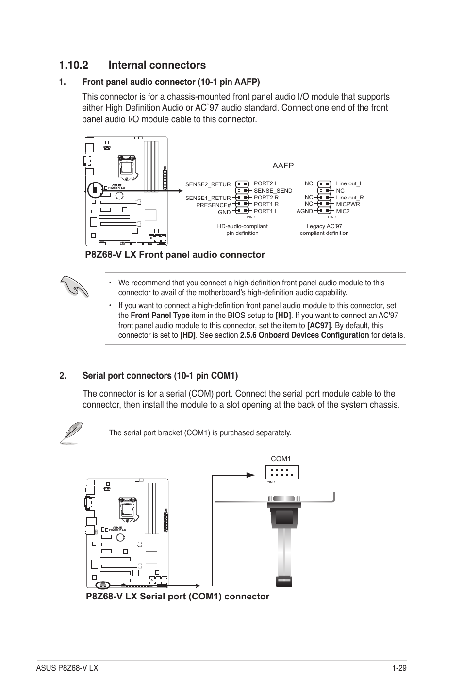 2 internal connectors, 2 internal connectors -29, P8z68-v lx front panel audio connector | P8z68-v lx serial port (com1) connector | Asus P8Z68-V LX User Manual | Page 41 / 82