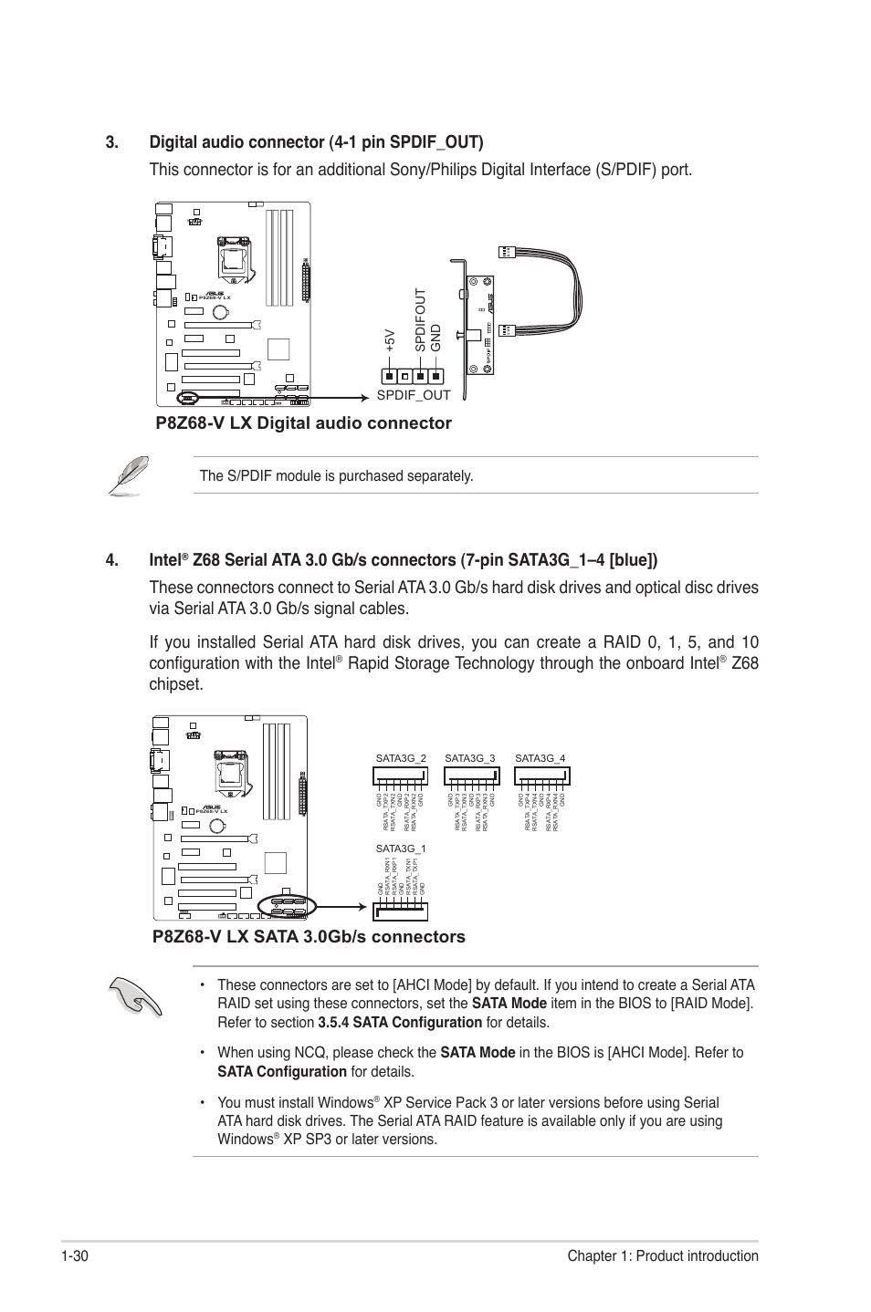 Intel, Rapid storage technology through the onboard intel, Z68 chipset | P8z68-v lx digital audio connector, 30 chapter 1: product introduction, Xp sp3 or later versions, The s/pdif module is purchased separately, Spdif_out | Asus P8Z68-V LX User Manual | Page 42 / 82