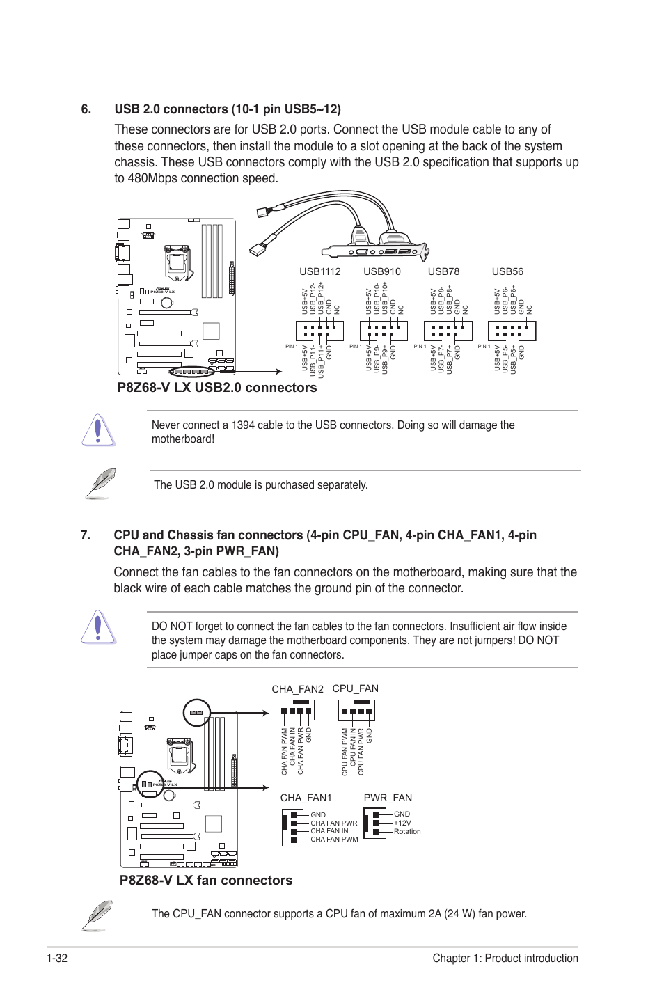 P8z68-v lx fan connectors, 32 chapter 1: product introduction | Asus P8Z68-V LX User Manual | Page 44 / 82