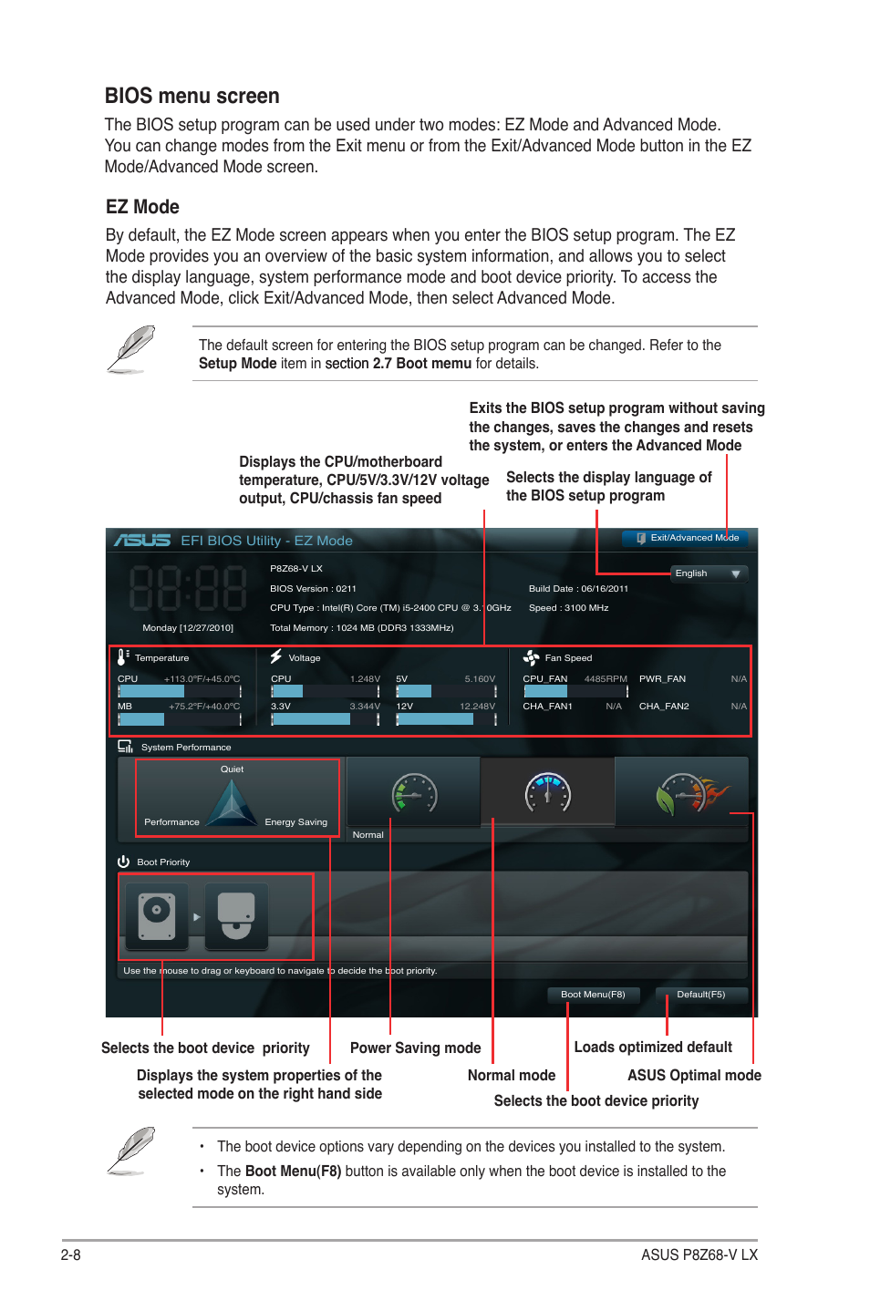 Bios menu screen, Ez mode, 8 asus p8z68-v lx | Asus P8Z68-V LX User Manual | Page 58 / 82