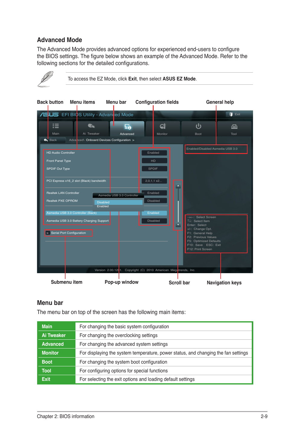 Advanced mode, Menu bar, Chapter 2: bios information 2-9 | Navigation keys | Asus P8Z68-V LX User Manual | Page 59 / 82