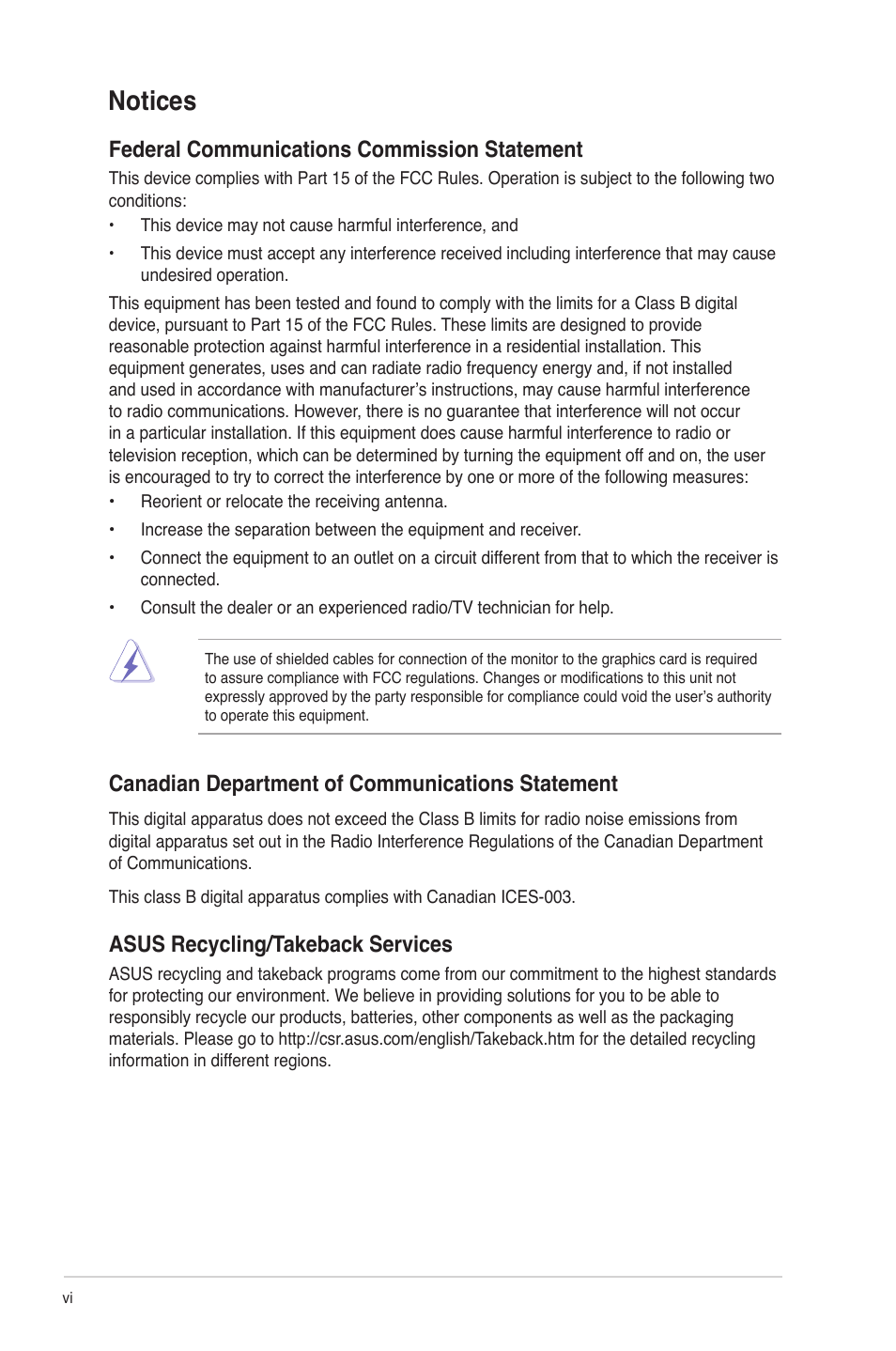 Notices, Federal communications commission statement, Canadian department of communications statement | Asus recycling/takeback services | Asus P8Z68-V LX User Manual | Page 6 / 82