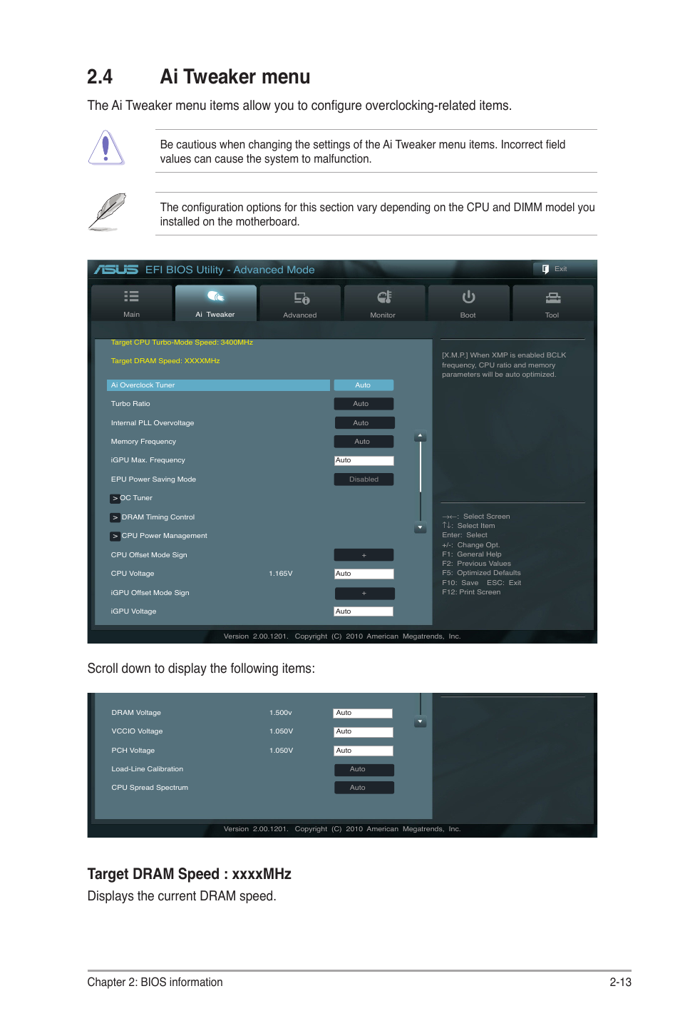 4 ai tweaker menu, Ai tweaker menu -13, Scroll down to display the following items | Displays the current dram speed, Chapter 2: bios information 2-13, Efi bios utility - advanced mode | Asus P8Z68-V LX User Manual | Page 63 / 82