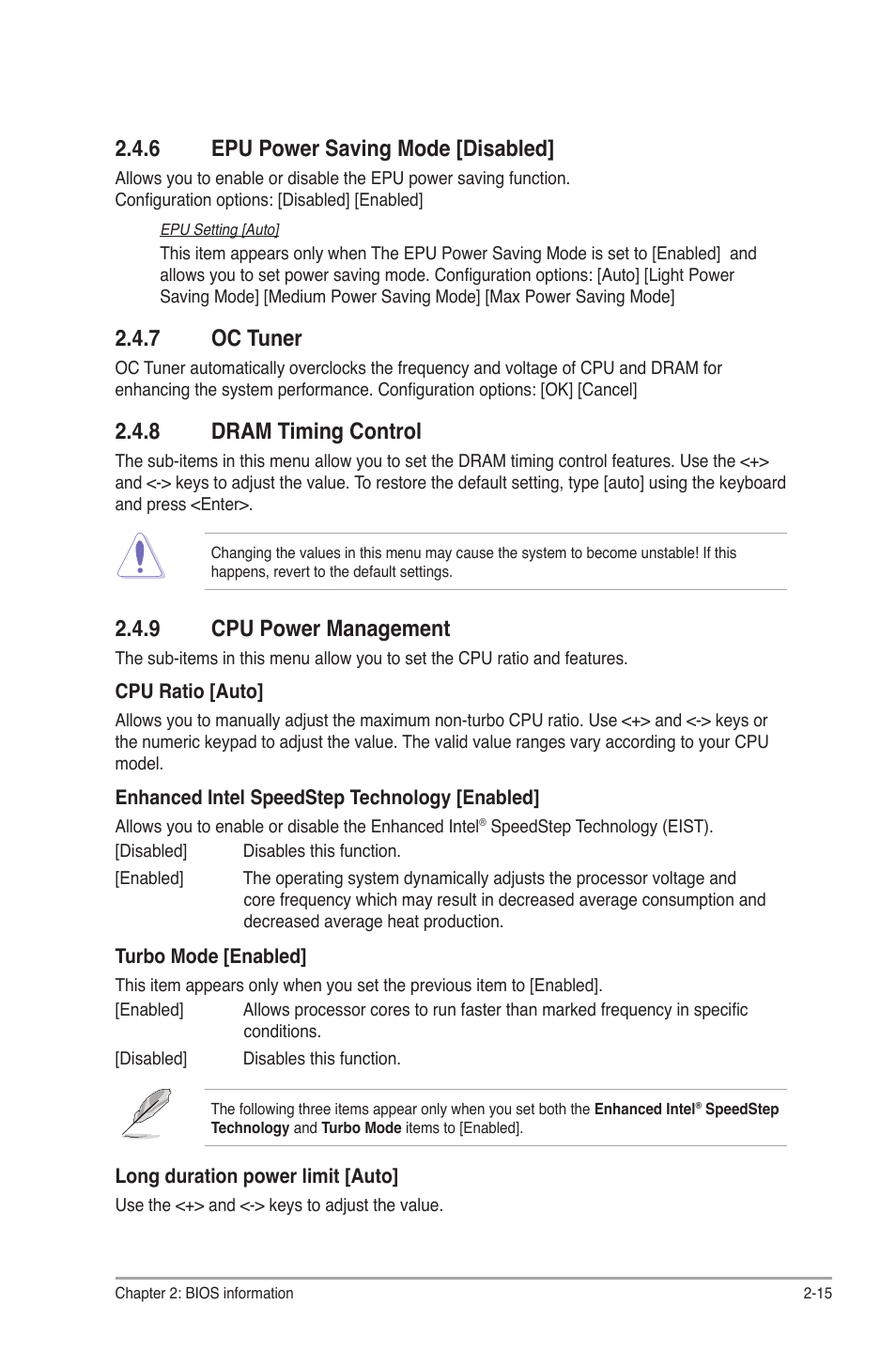 6 epu power saving mode [disabled, 7 oc tuner, 8 dram timing control | 9 cpu power management, Epu power saving mode [disabled] -15, Oc tuner -15, Dram timing control -15, Cpu power management -15 | Asus P8Z68-V LX User Manual | Page 65 / 82