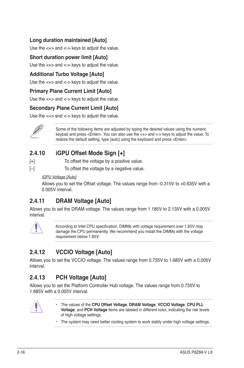 10 igpu offset mode sign, 11 dram voltage [auto, 12 vccio voltage [auto | 13 pch voltage [auto | Asus P8Z68-V LX User Manual | Page 66 / 82