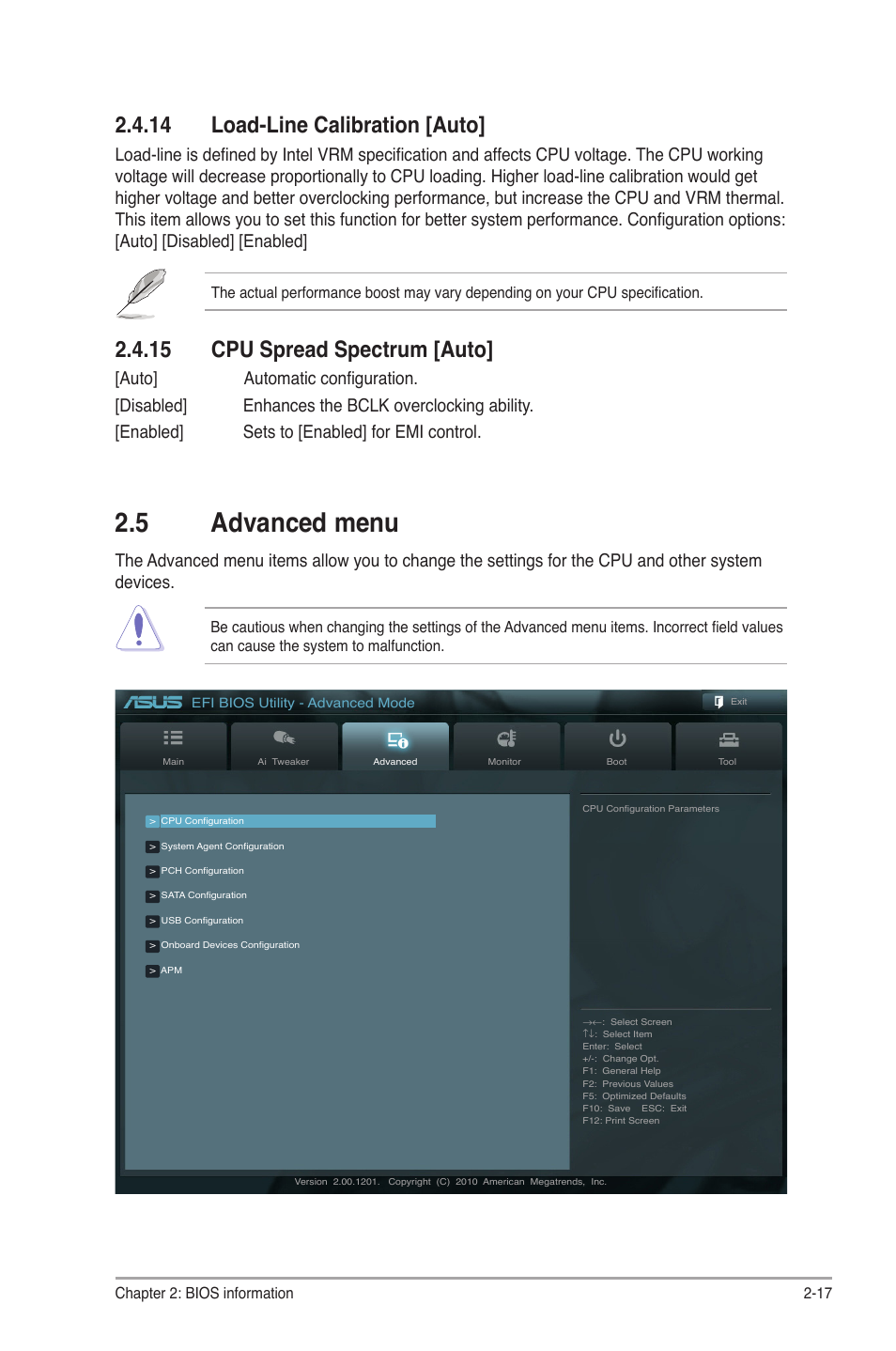 14 load-line calibration [auto, 15 cpu spread spectrum [auto, 5 advanced menu | Advanced menu -17 | Asus P8Z68-V LX User Manual | Page 67 / 82