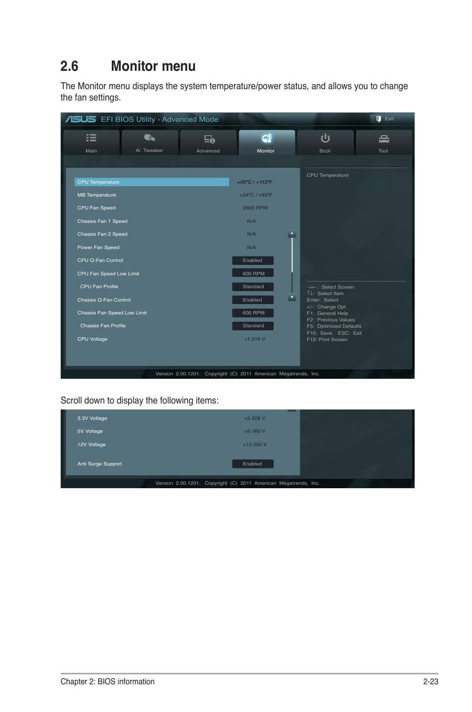 6 monitor menu, Monitor menu -23, Scroll down to display the following items | Chapter 2: bios information 2-23, Efi bios utility - advanced mode | Asus P8Z68-V LX User Manual | Page 73 / 82