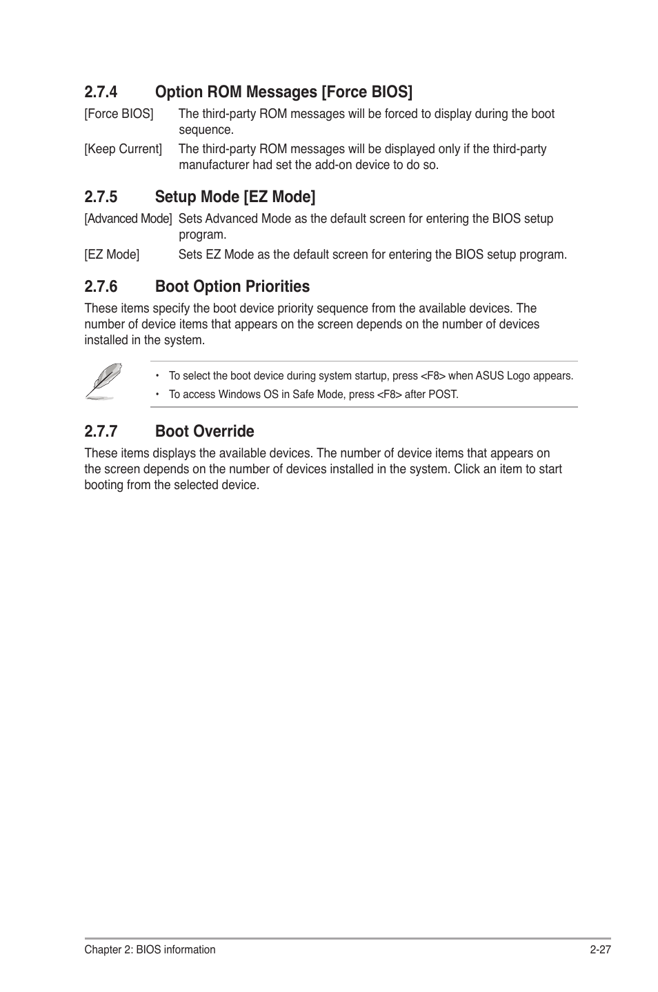 4 option rom messages [force bios, 5 setup mode [ez mode, 6 boot option priorities | 7 boot override, Option rom messages [force bios] -27, Setup mode [ez mode] -27, Boot option priorities -27, Boot override -27 | Asus P8Z68-V LX User Manual | Page 77 / 82