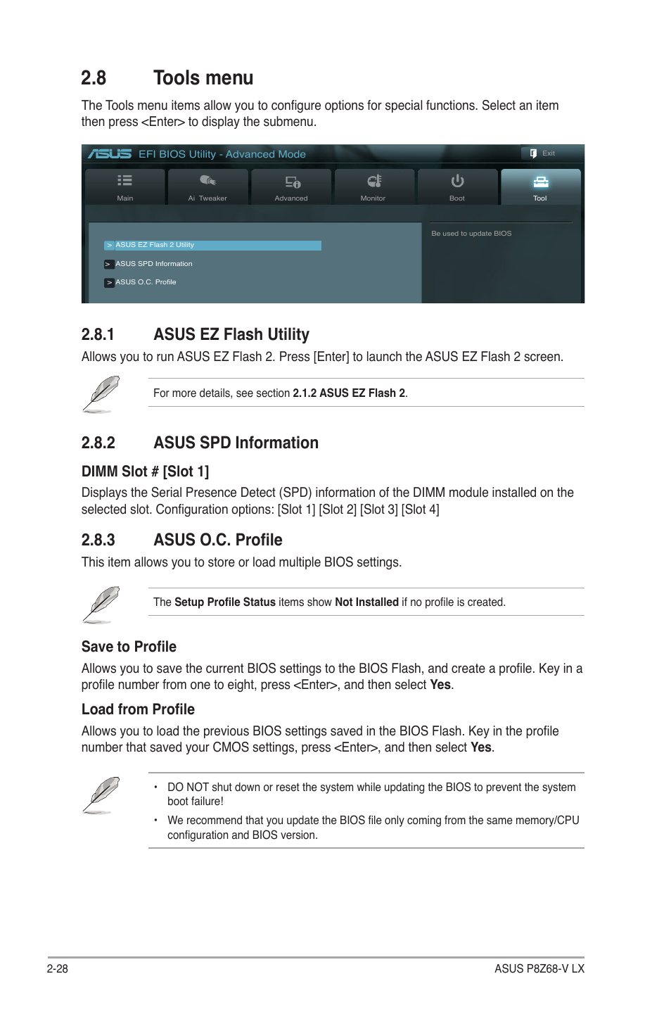 8 tools menu, 1 asus ez flash utility, 2 asus spd information | 3 asus o.c. profile, Tools menu -28 2.8.1, Asus ez flash utility -28, Asus spd information -28, Asus o.c. profile -28, Dimm slot # [slot 1, Save to profile | Asus P8Z68-V LX User Manual | Page 78 / 82