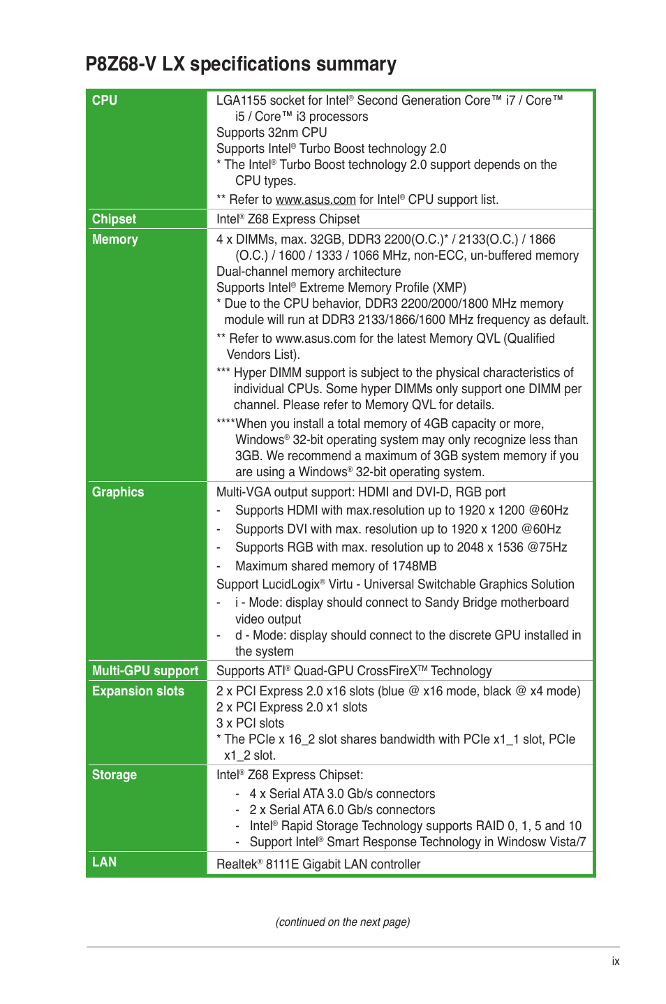 P8z68-v lx specifications summary | Asus P8Z68-V LX User Manual | Page 9 / 82