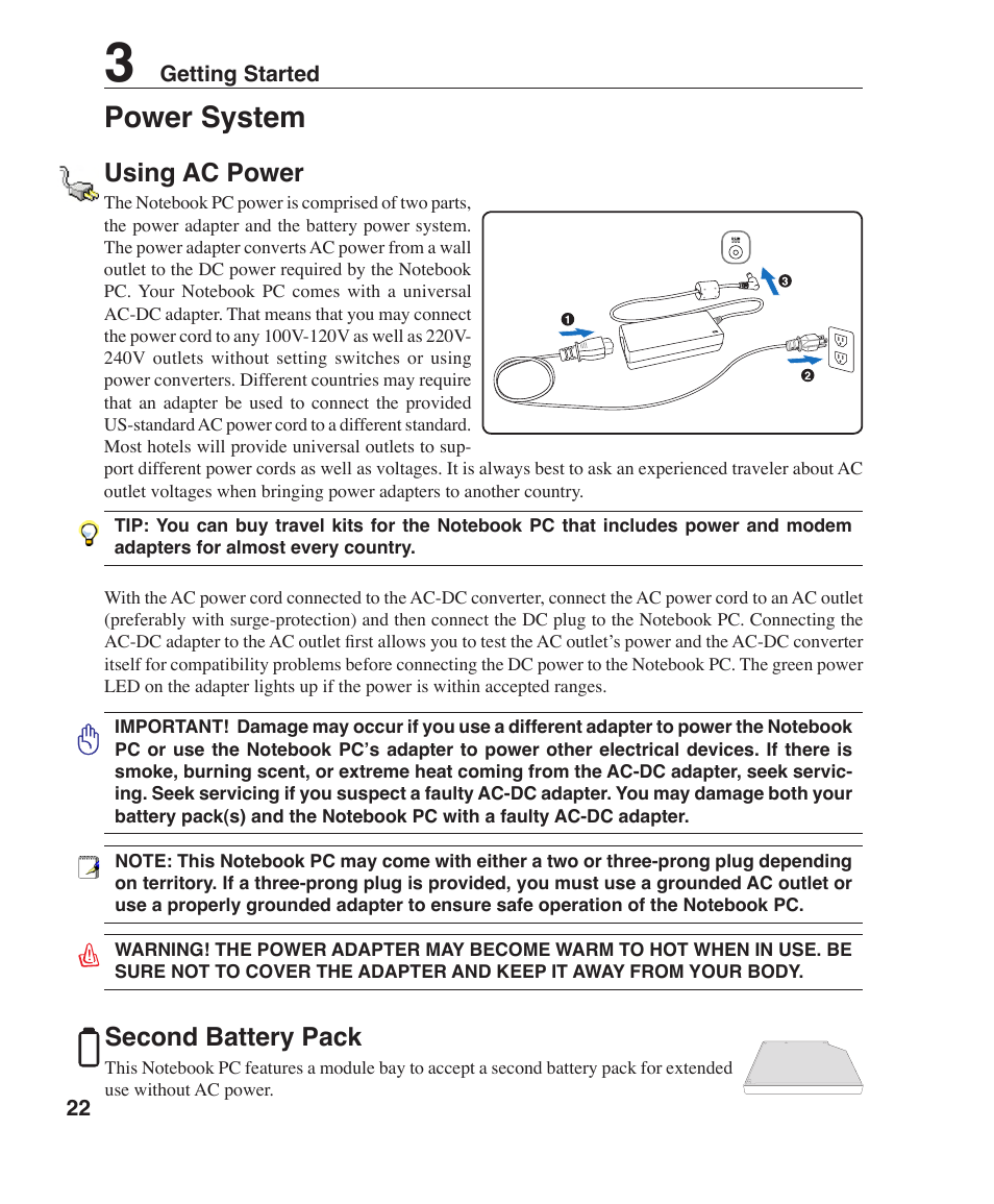 Power system, Using ac power, Second battery pack | Asus R1F User Manual | Page 22 / 77