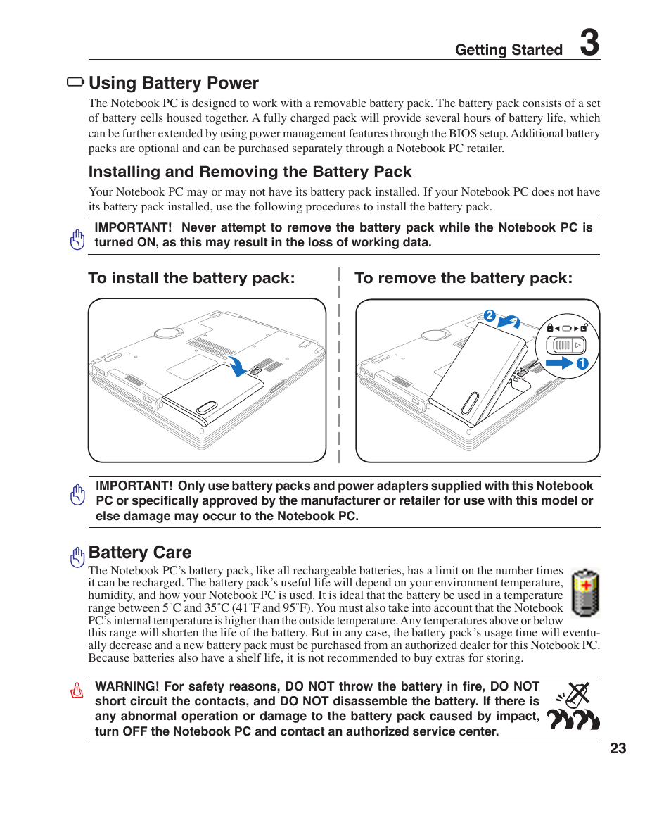 Using battery power, Battery care | Asus R1F User Manual | Page 23 / 77