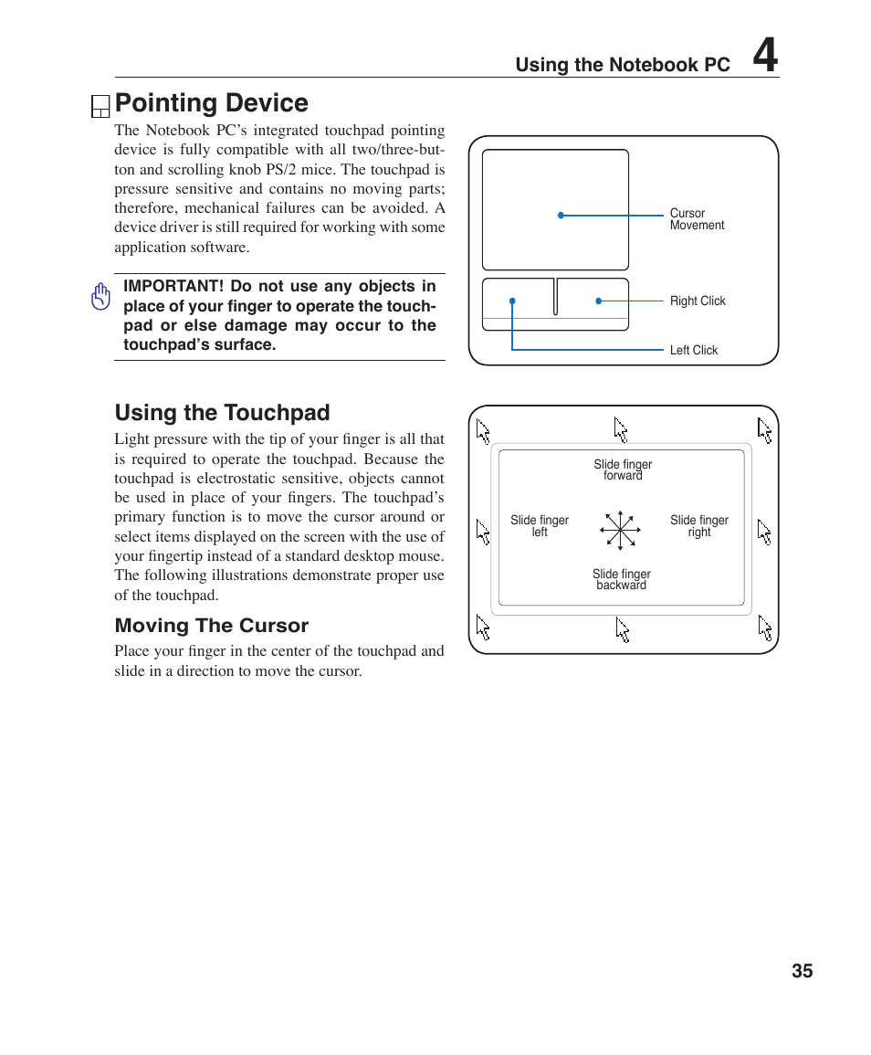 Pointing device, Using the touchpad | Asus R1F User Manual | Page 35 / 77