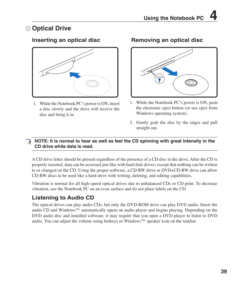 Optical drive | Asus R1F User Manual | Page 39 / 77
