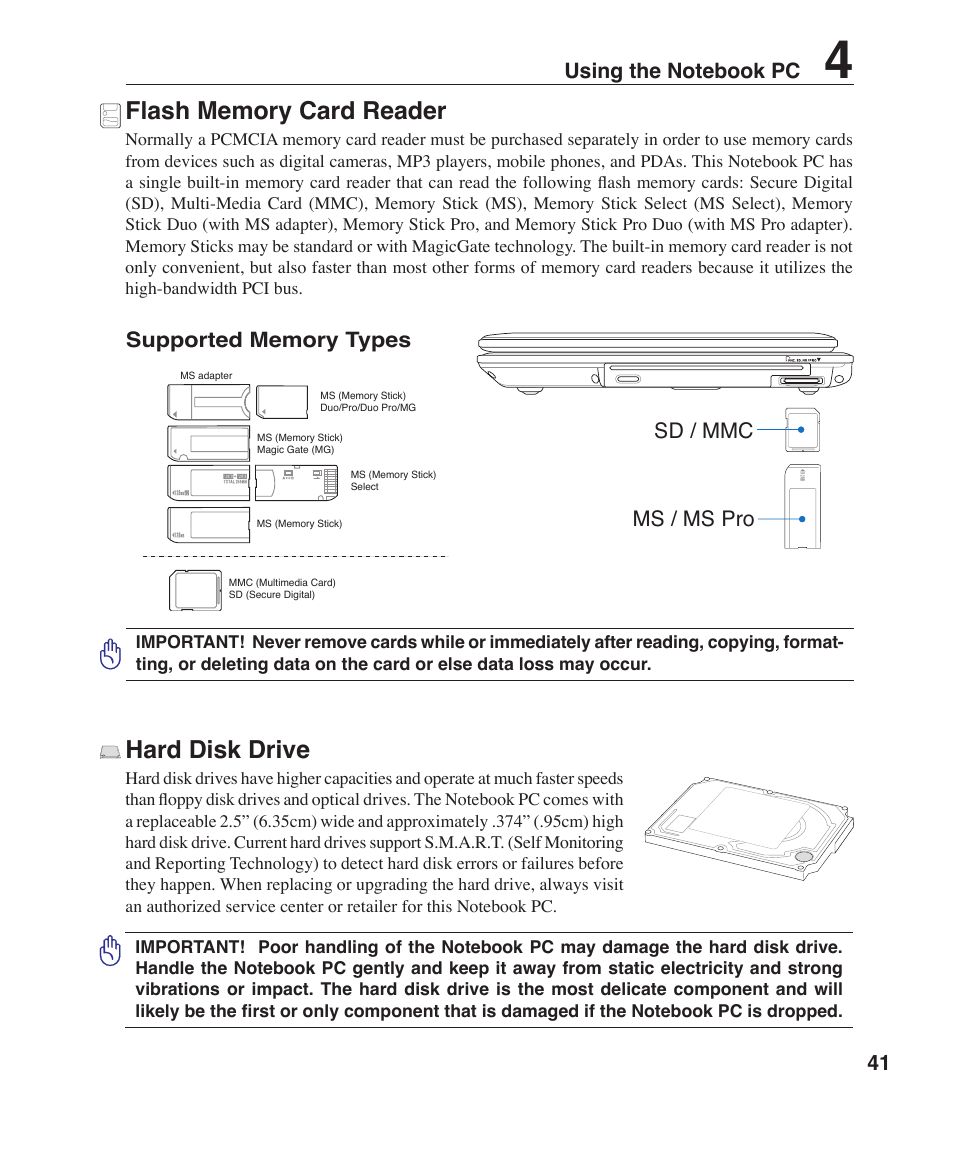 Hard disk drive, Sd / mmc ms / ms pro | Asus R1F User Manual | Page 41 / 77