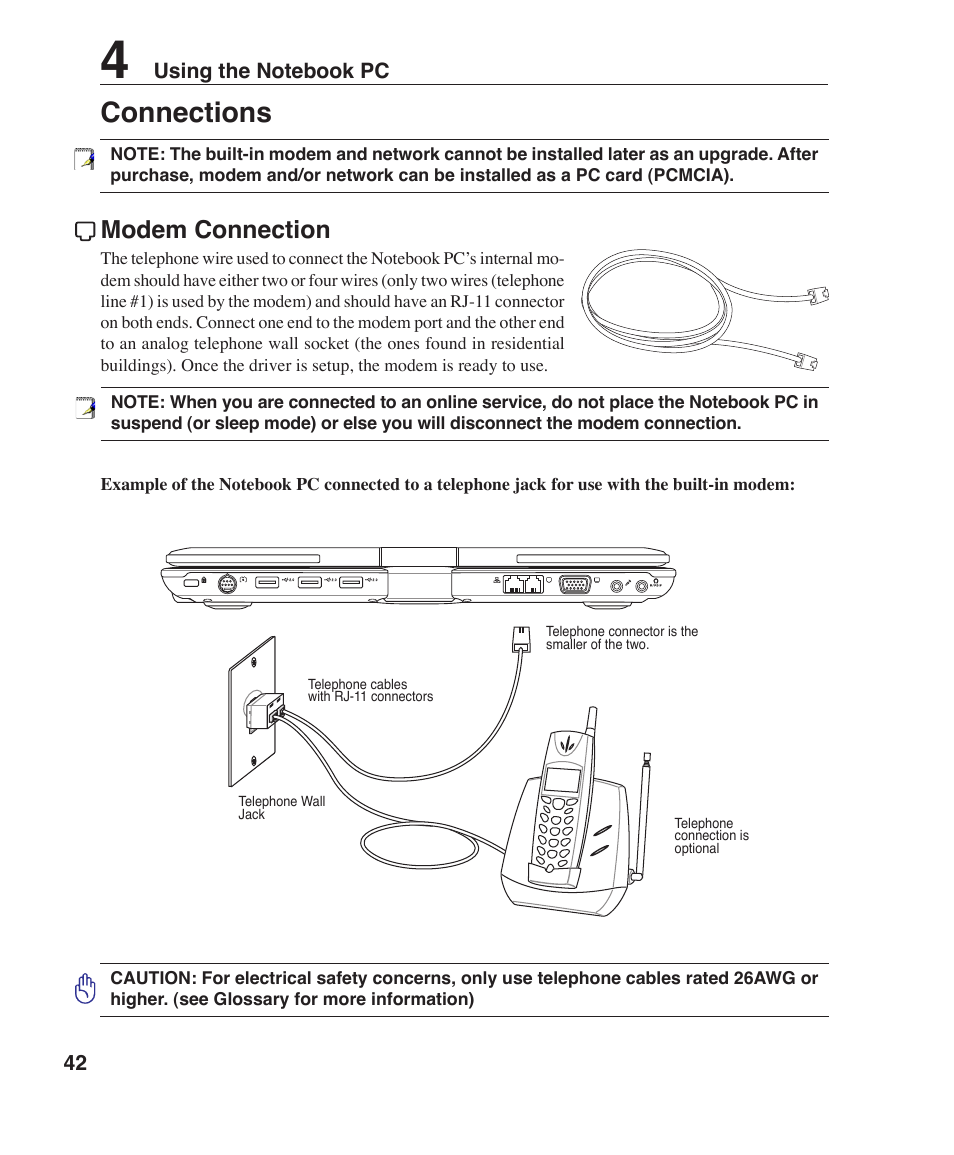 Connections, Modem connection | Asus R1F User Manual | Page 42 / 77