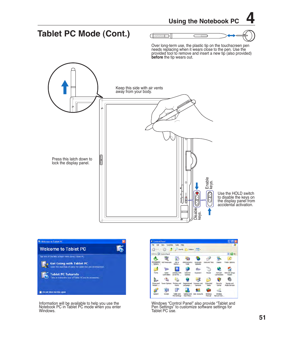 Tablet pc mode (cont.) | Asus R1F User Manual | Page 51 / 77