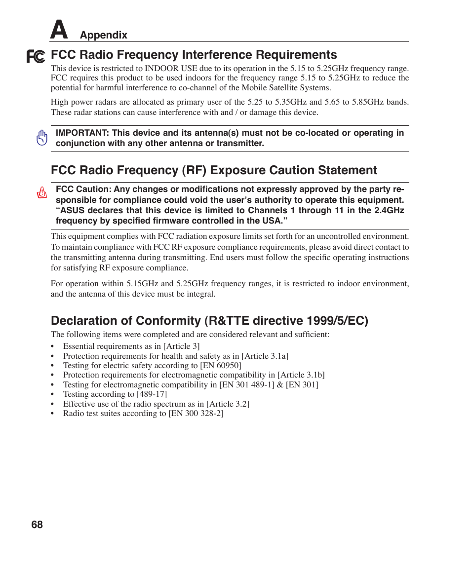 Fcc radio frequency interference requirements | Asus R1F User Manual | Page 68 / 77