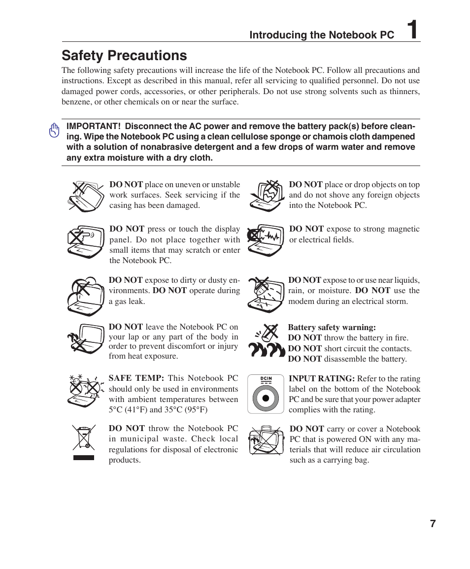 Safety precautions | Asus R1F User Manual | Page 7 / 77