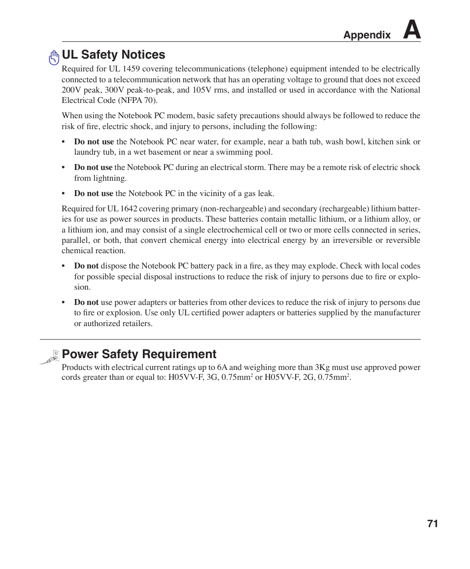 Ul safety notices, Power safety requirement | Asus R1F User Manual | Page 71 / 77