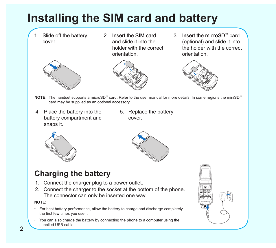 Installing the sim card and battery, Charging the battery | Asus Z801 User Manual | Page 2 / 8