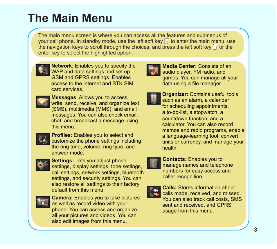 The main menu | Asus Z801 User Manual | Page 3 / 8