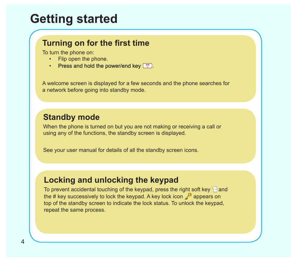 Getting started, Turning on for the first time, Standby mode | Locking and unlocking the keypad | Asus Z801 User Manual | Page 4 / 8