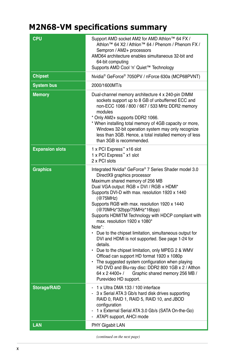 M2n68-vm specifications summary | Asus M2N68-VM User Manual | Page 10 / 106