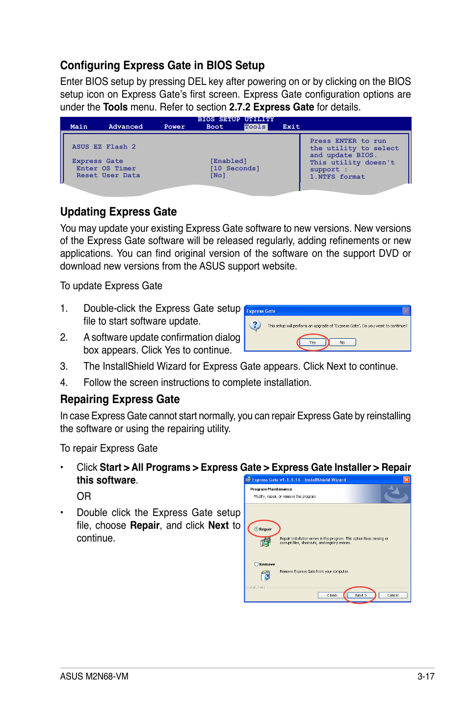 Configuring express gate in bios setup, Updating express gate, Repairing express gate | Asus M2N68-VM User Manual | Page 105 / 106